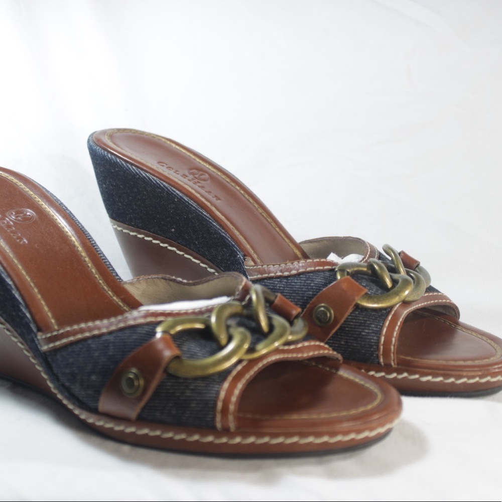 Blue denim and tan wedges